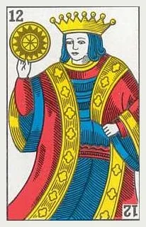 La même carte en jeu espagnol : coupes, épées, deniers et bâtons.