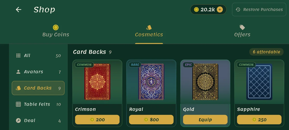 Card backs in the shop, with rarity and price.