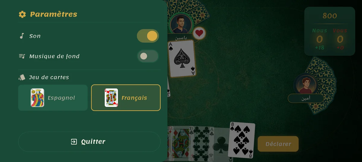 Les réglages en cours de partie — changez de jeu de cartes sans quitter la table.