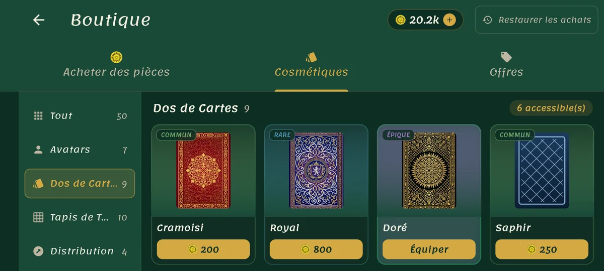 Les dos de cartes en boutique, avec leur rareté et leur prix.